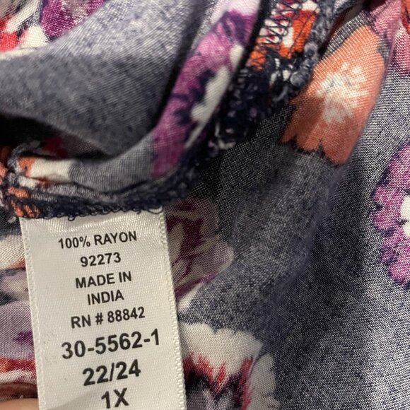 WOMAN WITHIN Shirt Womens Sz 1X Plus Button Up Floral Navy Blue Red Blouse Rayon - Picture 4 of 6